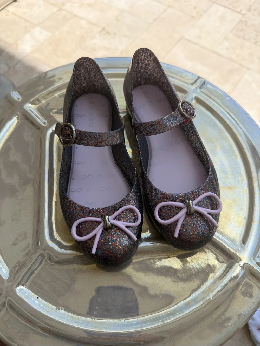 Mini Melissa Girls' Glitter Mary Jane Ballet Flats with Pink Bow girl size 12